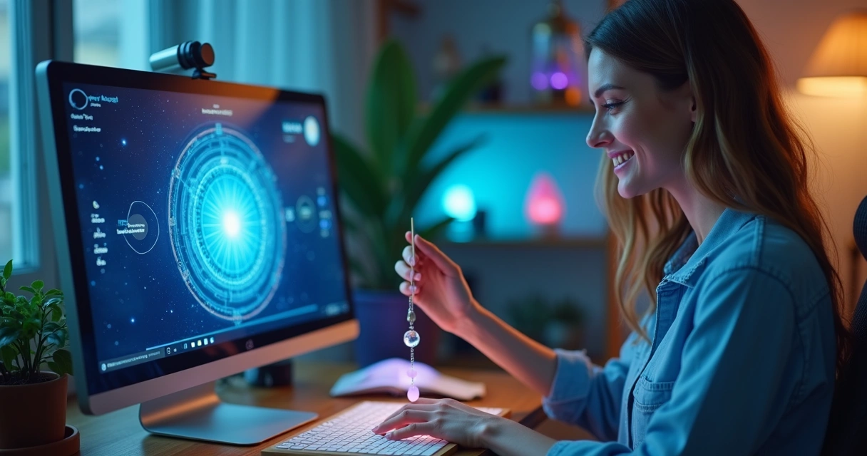 Mulher fazendo atendimento de mesa radiônica online 