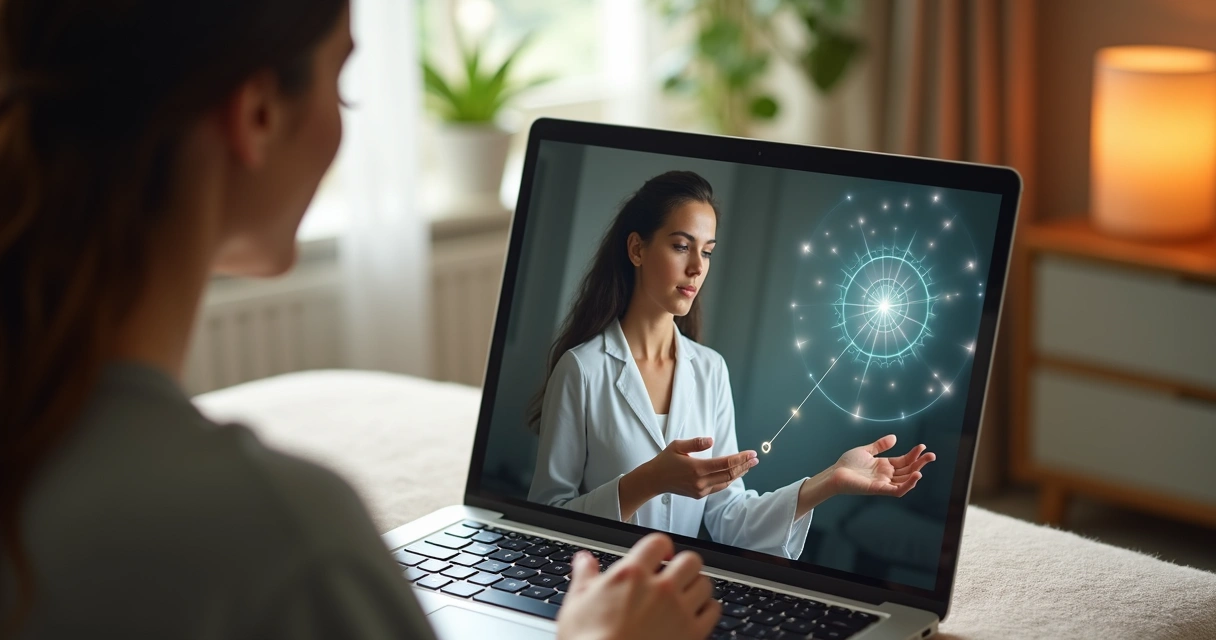 Atendimento online de mesa radiônica com terapeuta em laptop. 