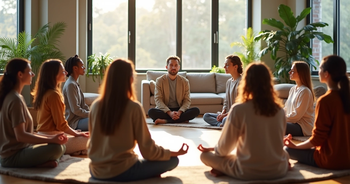 Pessoas em roda de prática de mindfulness em empresa