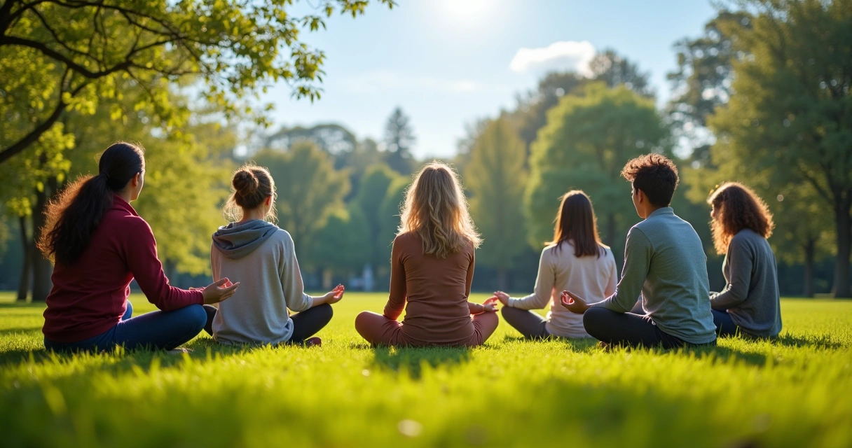 Grupo praticando mindfulness em uma área verde 