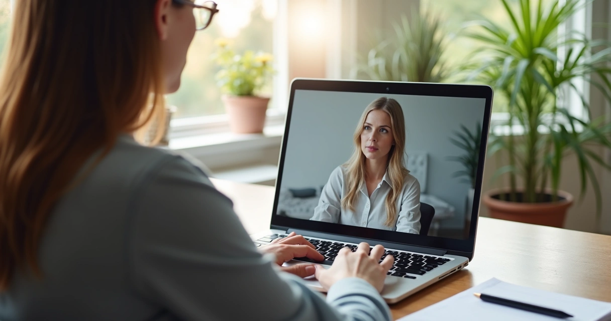 Terapeuta em sessão online analisando postura do paciente 