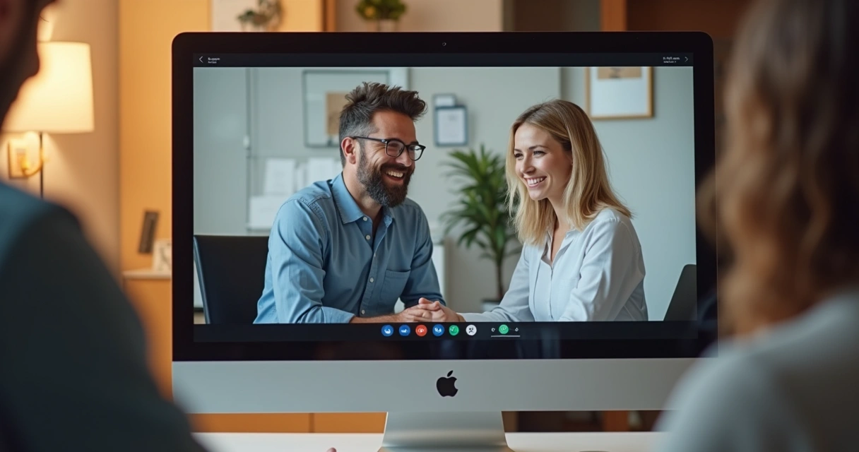 Tela de computador aberta com chamada de vídeo entre terapeuta e paciente, ambos conversando com expressão atenta e acolhedora 
