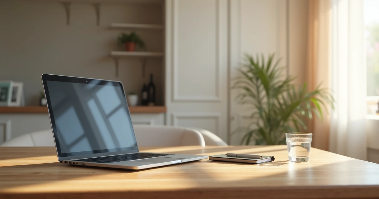 Sessão online em ambiente reservado com notebook e caderno