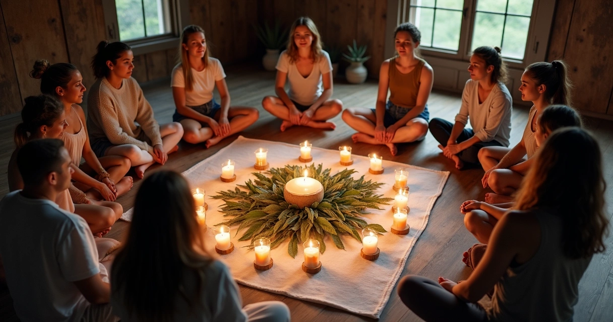 Sessão com várias pessoas orando em círculo, ambiente terreiro, vela e ervas no centro 