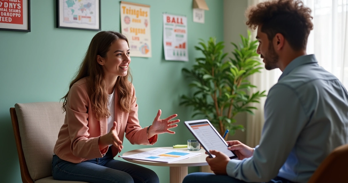 Orientador vocacional ouvindo atentamente um jovem durante sessão individual