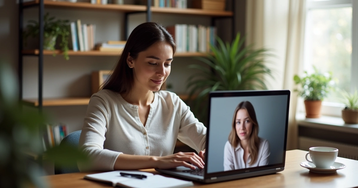 Terapeuta e paciente em sessão de psicanálise online por videoconferência em ambiente acolhedor e silencioso