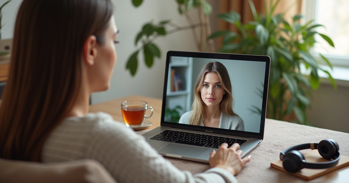 Mulher em sessão online de psicanálise, conversando por videochamada em ambiente acolhedor e privado