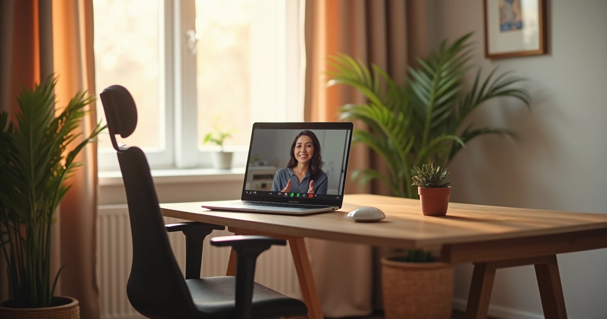 Ambiente acolhedor para sessão de psicanálise online com mesa, notebook e cadeira confortável