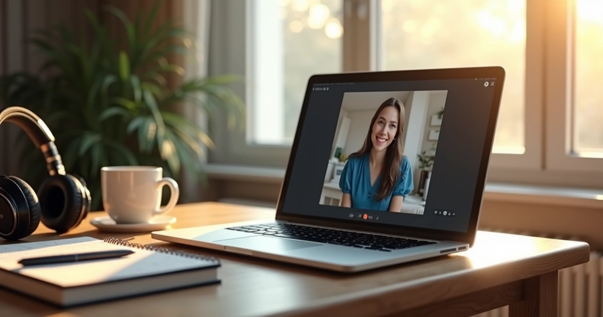 Ambiente para sessão de psicanálise online com notebook, fones e caderno sobre a mesa 