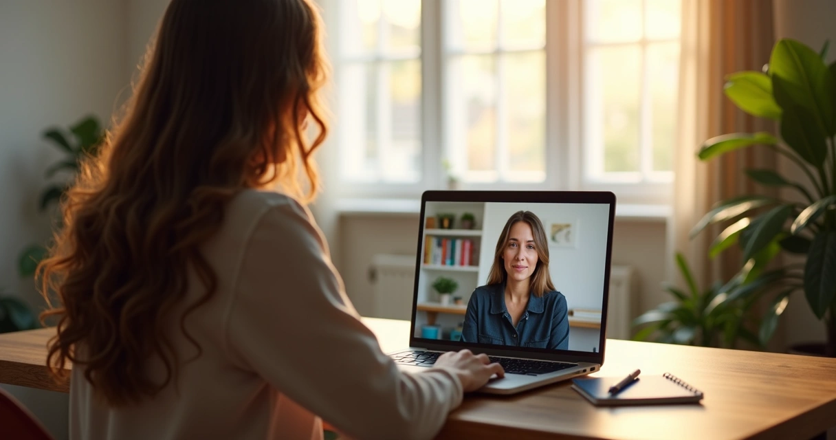 Pessoa em videoconferência para sessão de psicanálise online com caderno e caneta na mesa