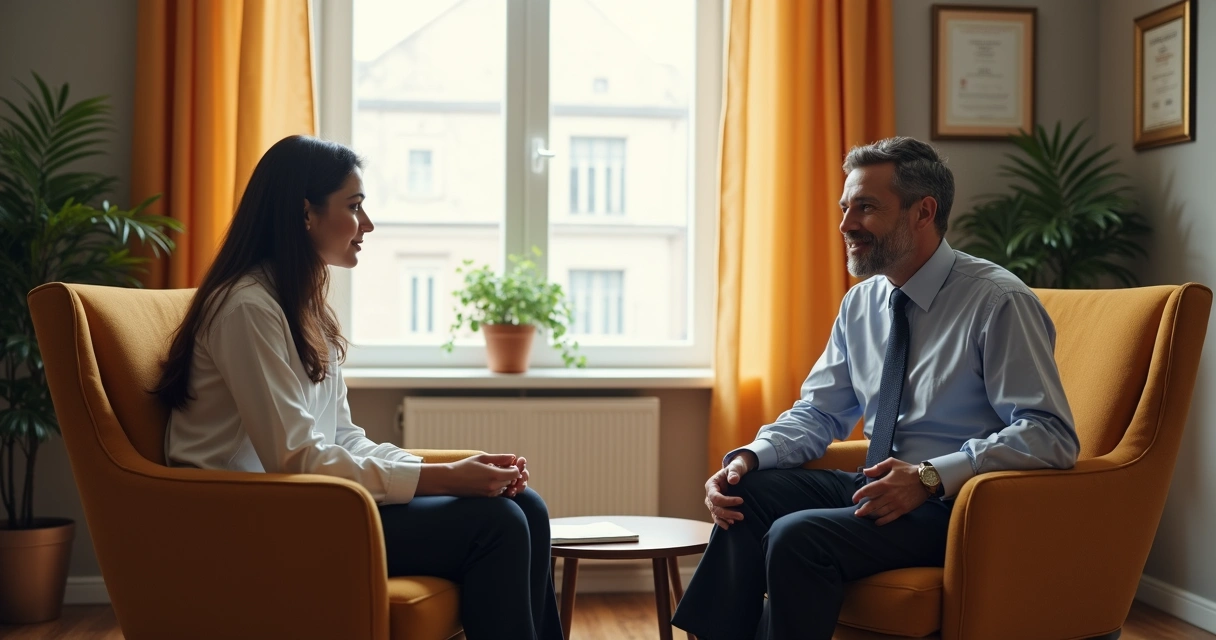 Duas pessoas conversando em consultório, ambiente acolhedor 
