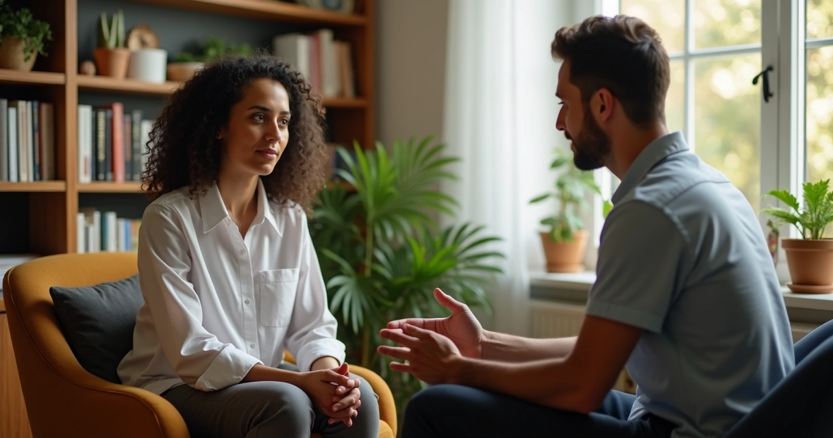Psicoterapeuta em sessão com paciente conversando