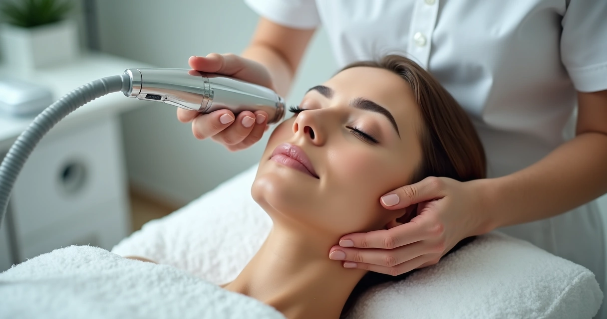 Profissional aplica radiofrequência no rosto de paciente em ambiente clínico 