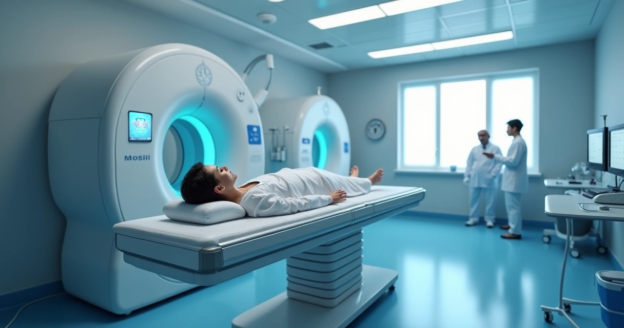 Paciente realizando sessão de radioterapia em sala de tratamento 