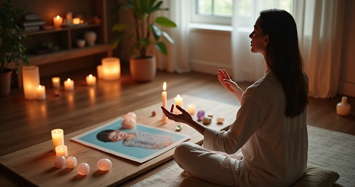 Terapeuta de Reiki sentado em ambiente calmo, olhos fechados e mãos erguidas em direção a uma foto de uma pessoa em uma mesa, com ambiente repleto de velas e cristais ao redor. 