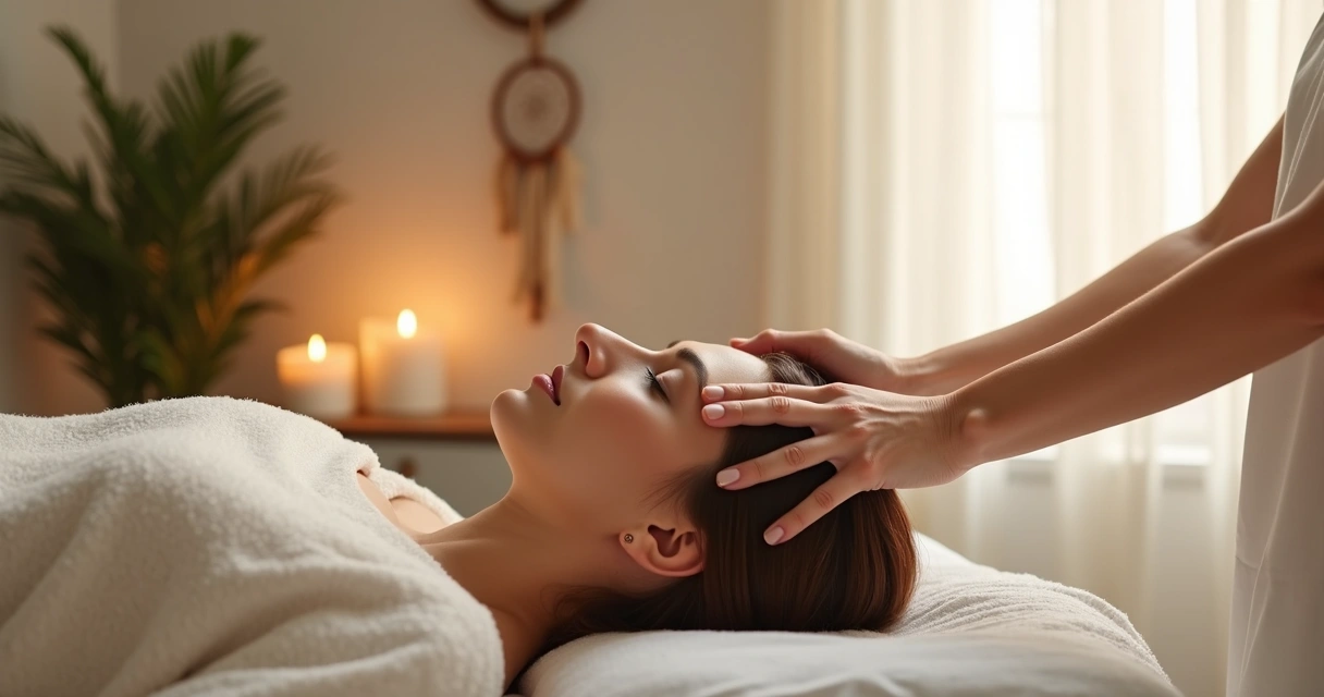 Terapeuta aplicando reiki em paciente em ambiente sereno 