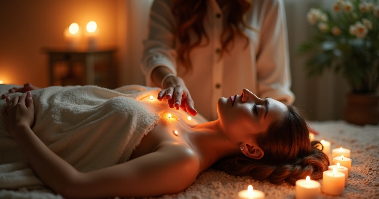 Terapeuta de reiki aplicando energia em chakras de mulher deitada 