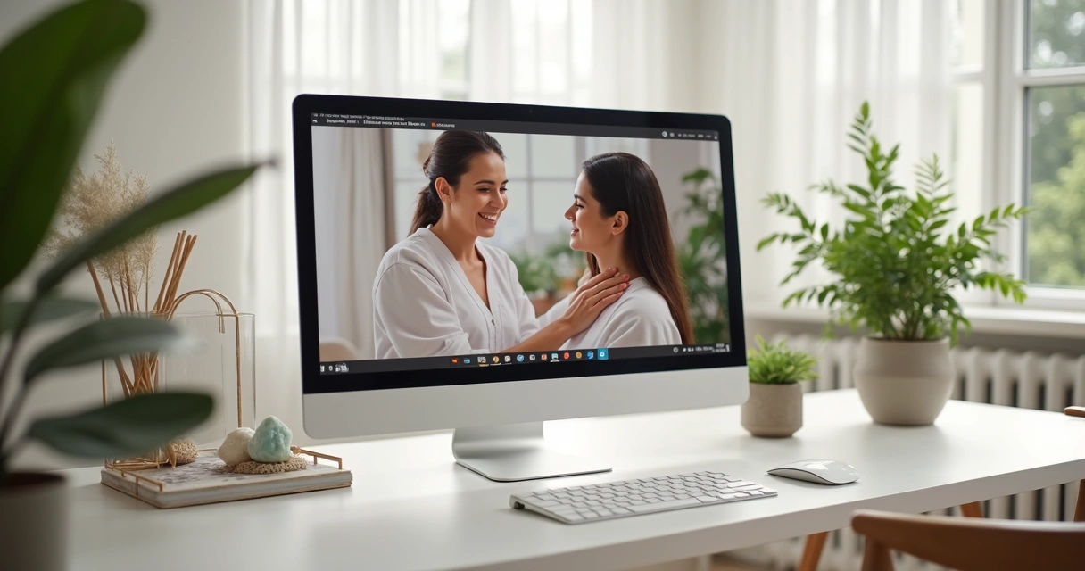 Sessão de Reiki online com consultora e cliente via computador 