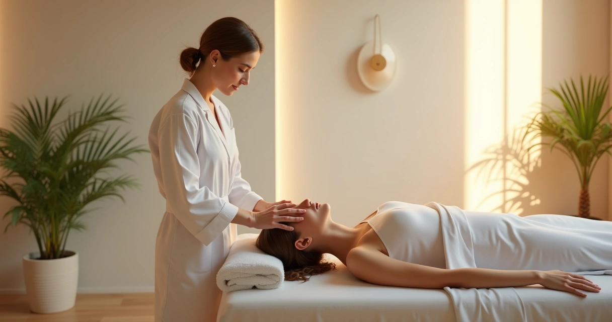 Terapeuta aplicando Reiki em paciente em clínica moderna 