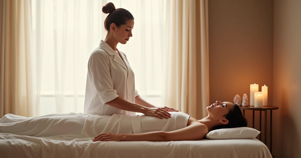 Terapeuta de reiki com mãos sobre o peito de uma mulher em ambiente tranquilo 