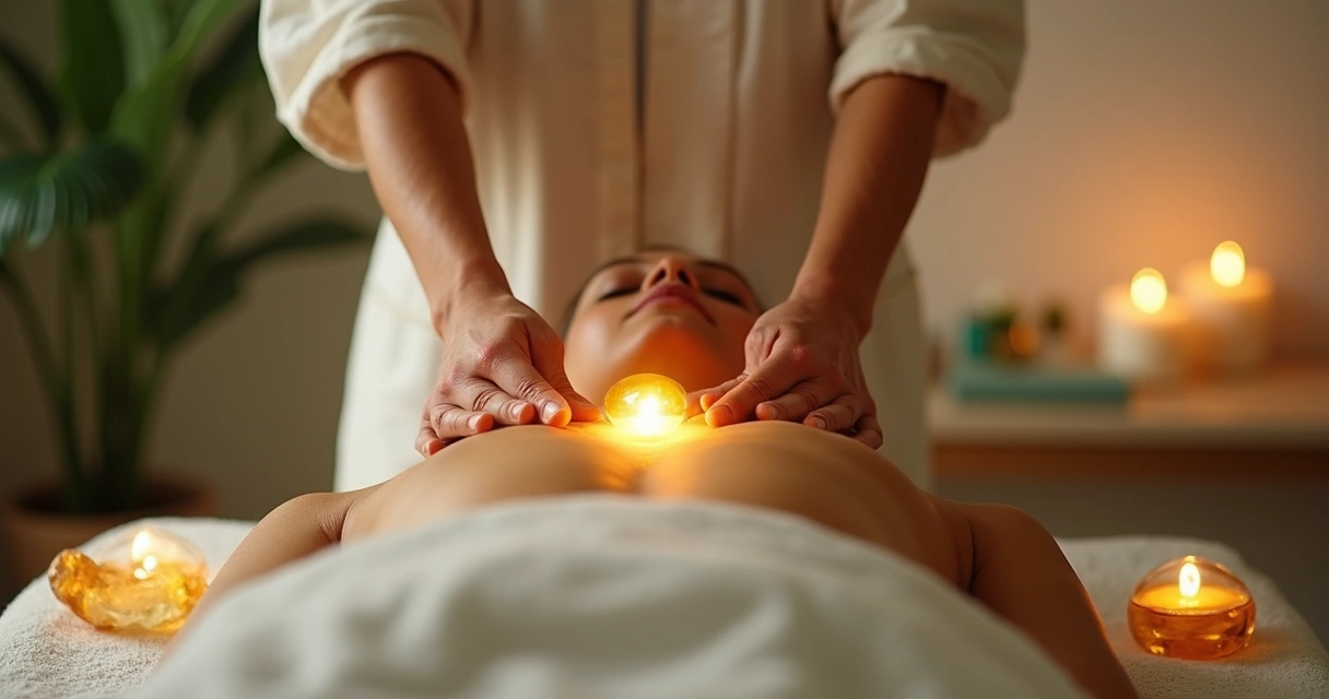 Terapeuta aplicando Reiki em consulta presencial focada em prosperidade 