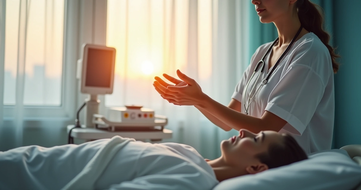 Sessão de Reiki em ambiente hospitalar, terapeuta com mãos próximas ao paciente 
