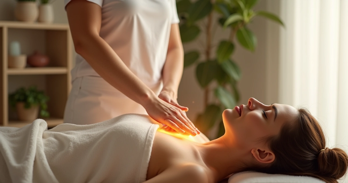 Terapeuta impondo as mãos sobre o corpo de uma pessoa deitada em maca