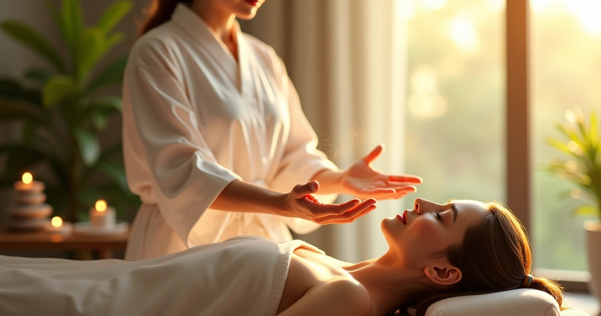 Terapeuta de reiki aplicando energia com as mãos sobre uma pessoa deitada 