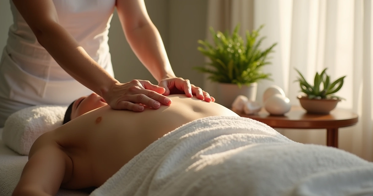 Terapeuta aplicando Reiki em paciente deitado, mãos sobre o peito, ambiente iluminado e sereno 