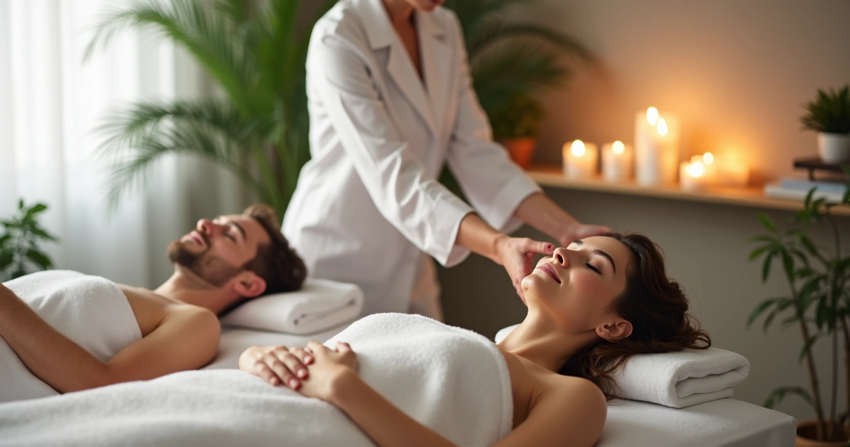 Terapeuta aplicando Reiki em casal deitado 