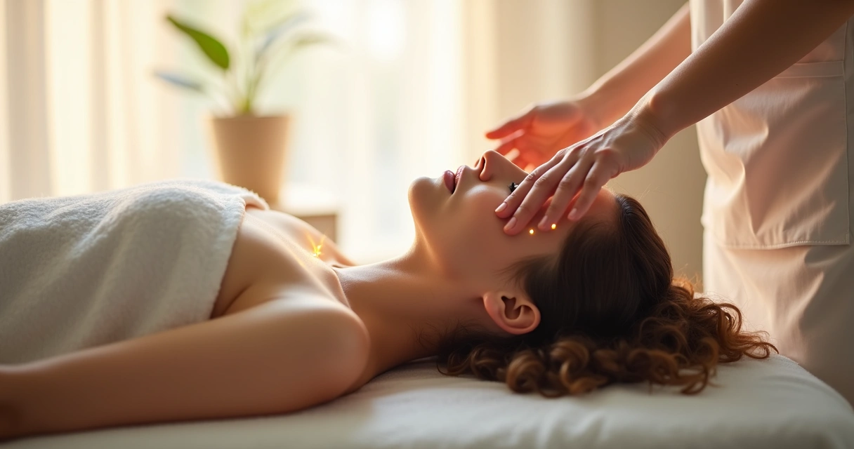 Terapeuta aplicando energia nas mãos sobre mulher de olhos fechados