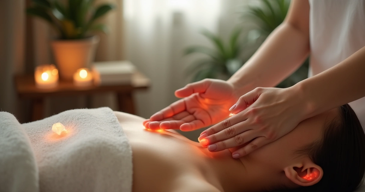 Terapeuta aplicando Reiki com mãos sobre corpo de cliente em ambiente tranquilo 