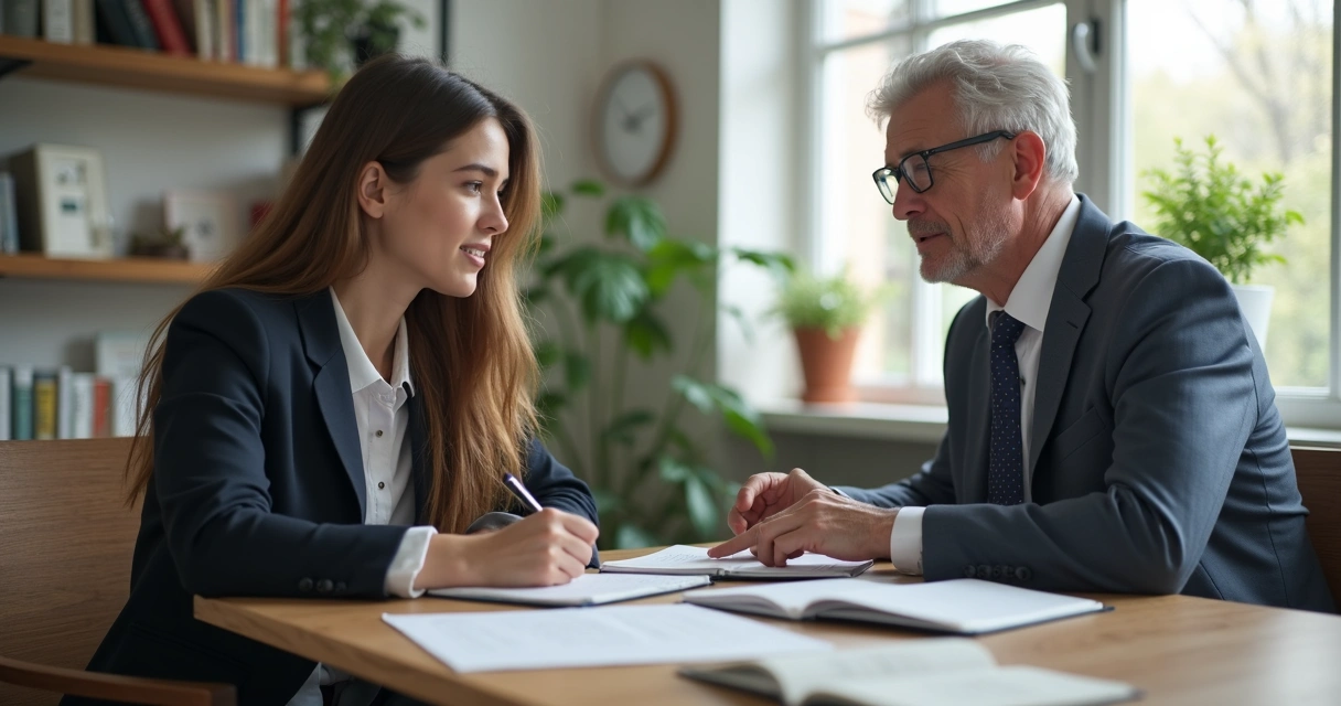 Psicólogo em formação recebe feedback anotando em caderno numa sala de supervisão 