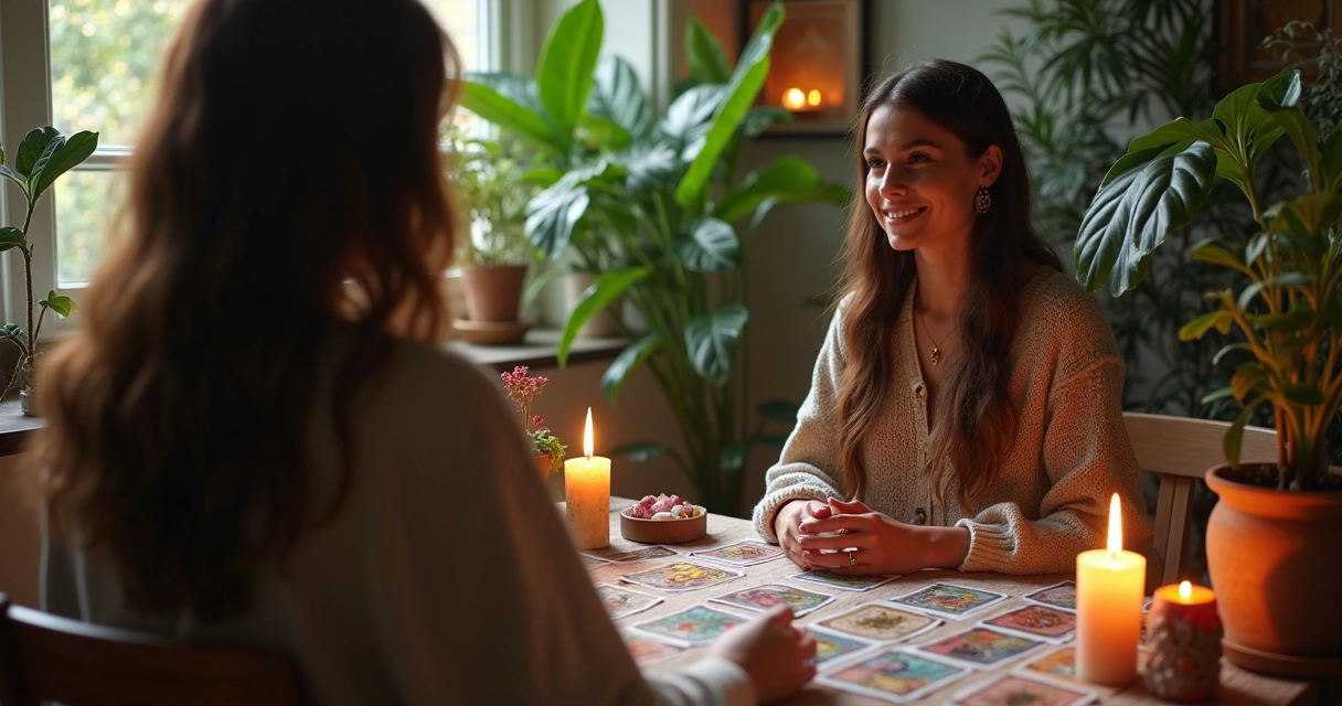 Consultor de tarot com cartas e cristais, ambiente acolhedor 