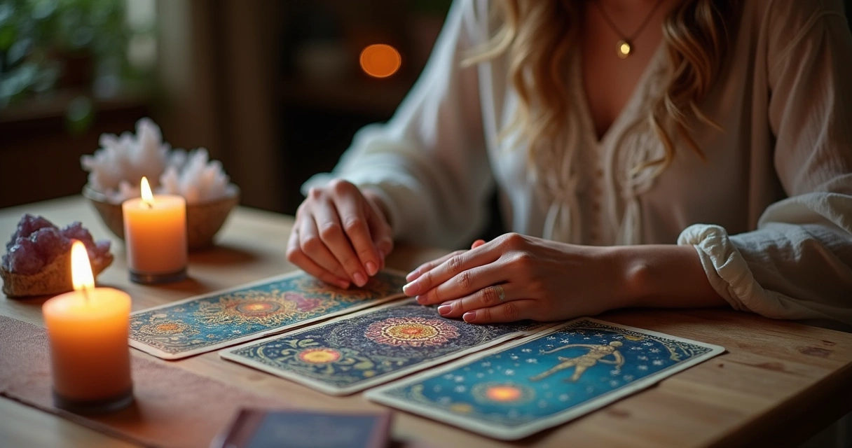 Consulta de tarot com consultora espiritual ao lado de cristais 