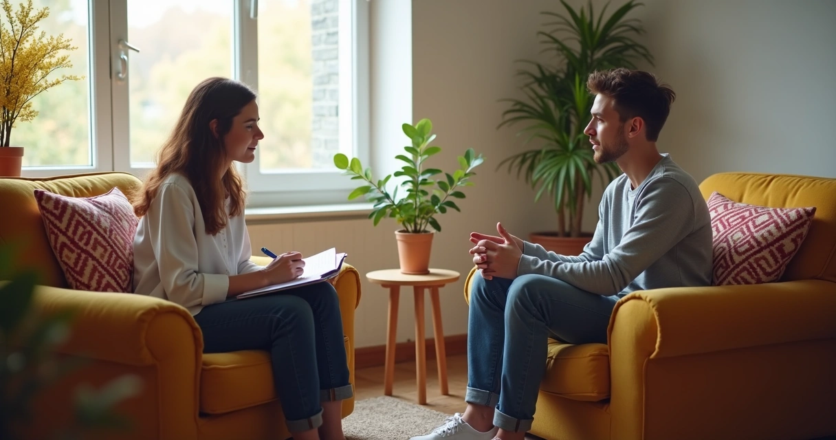 Terapeuta e paciente conversando em uma sala confortável, anotando em bloco de notas. 