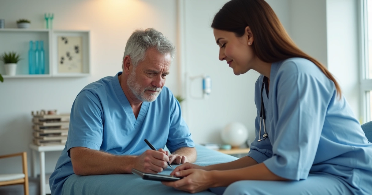 Sessão terapêutica em clínica de reabilitação com terapeuta e paciente registrados digitalmente 