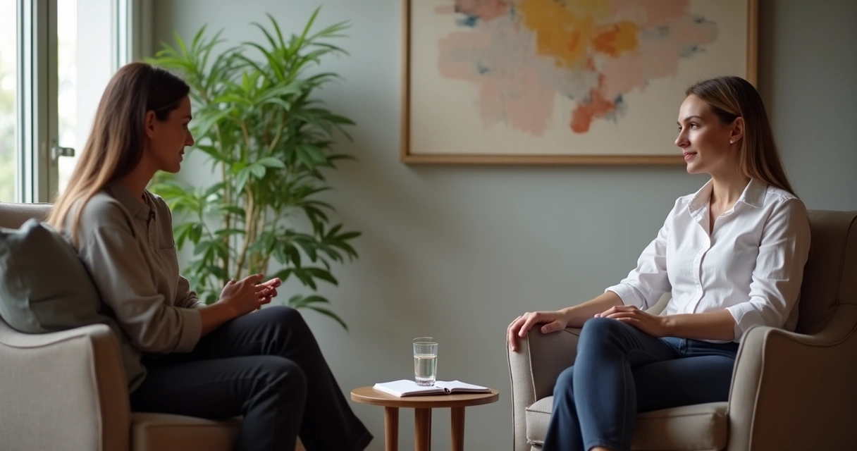 Dois profissionais conversando em sala de atendimento, expressão de concentração no rosto 