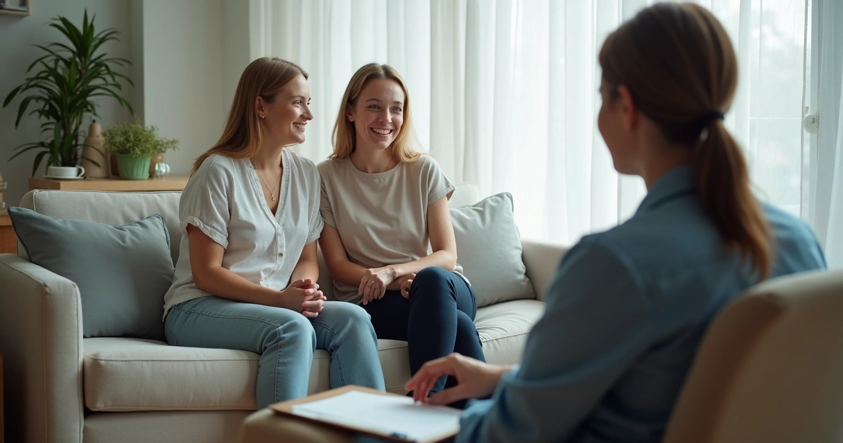 Casal em sessão terapêutica conversando com profissional em consultório 