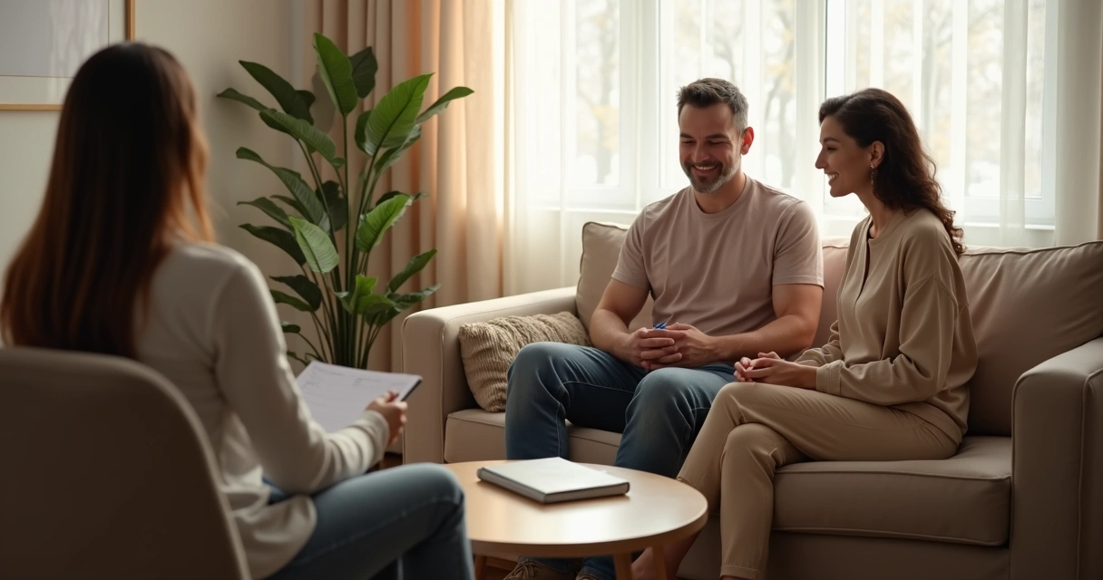 Sessão de terapia com casal em consultório claro