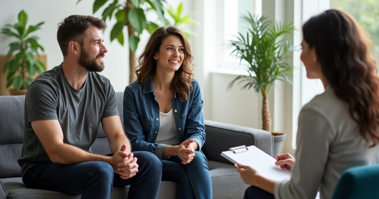 Casal sentado em consultório conversando com terapeuta