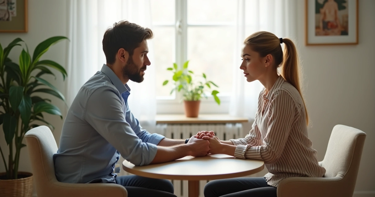 Terapeuta conversa com casal sentado um de frente para o outro, ambiente claro e calmo.