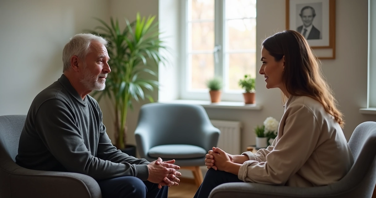 Dois adultos conversando em ambiente de terapia, expressando escuta e acolhimento 