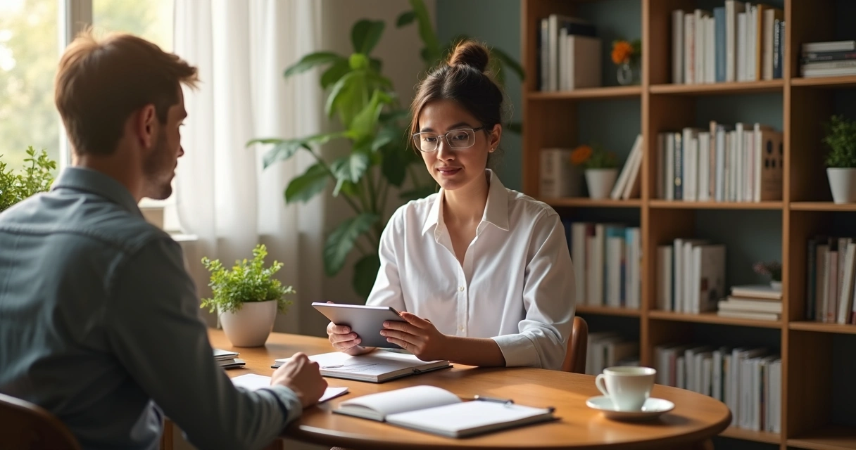Psicóloga lendo diário compartilhado em consultório 