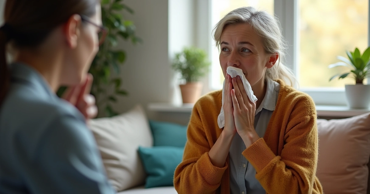 Sessão de terapia entre terapeuta e paciente com expressões emocionadas 