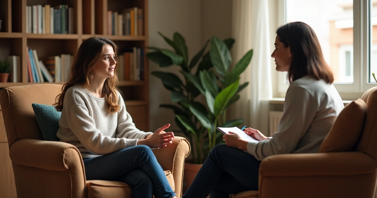 Duas pessoas em sessão de terapia conversando em ambiente acolhedor 