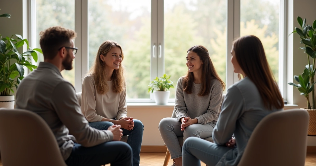 Sessão de terapia familiar com quatro pessoas sentadas conversando 