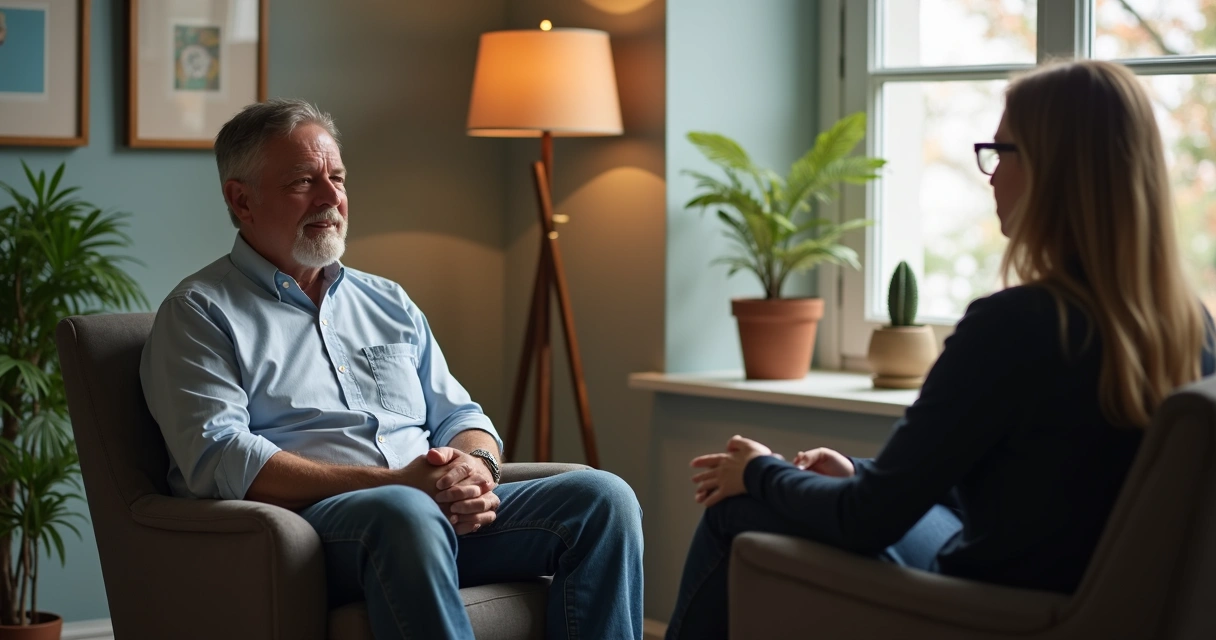 Homem adulto em sessão de terapia sentado em poltrona 