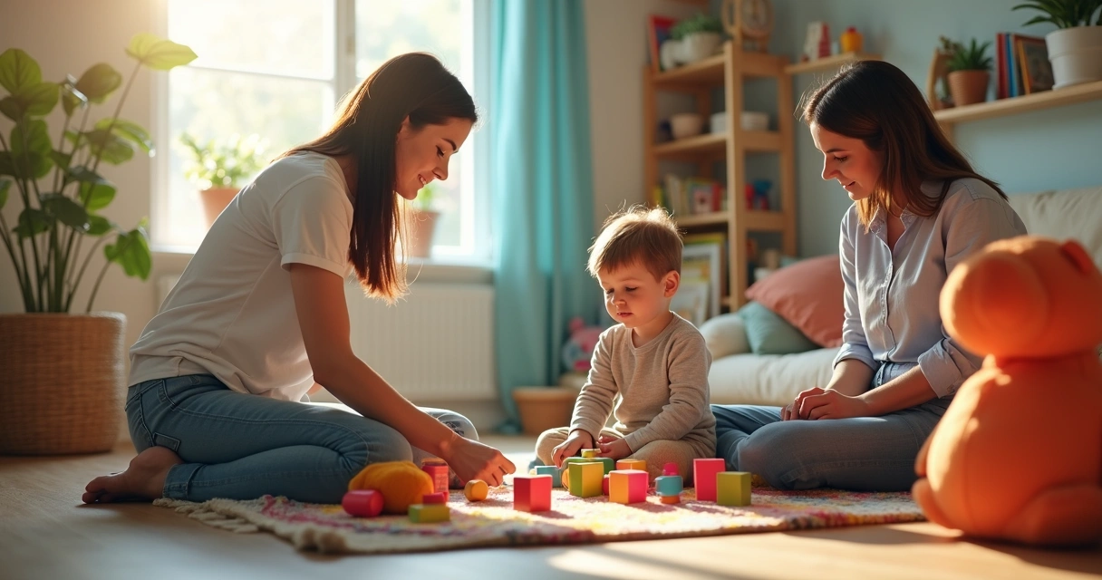 Psicóloga conduz sessão de terapia infantil usando brinquedos com pais participando 
