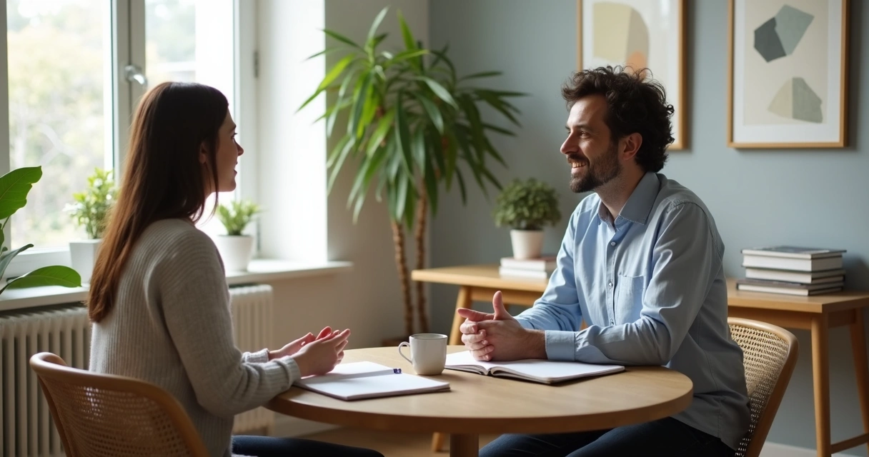 Psicólogo e paciente sentados conversando durante sessão de terapia integrativa 